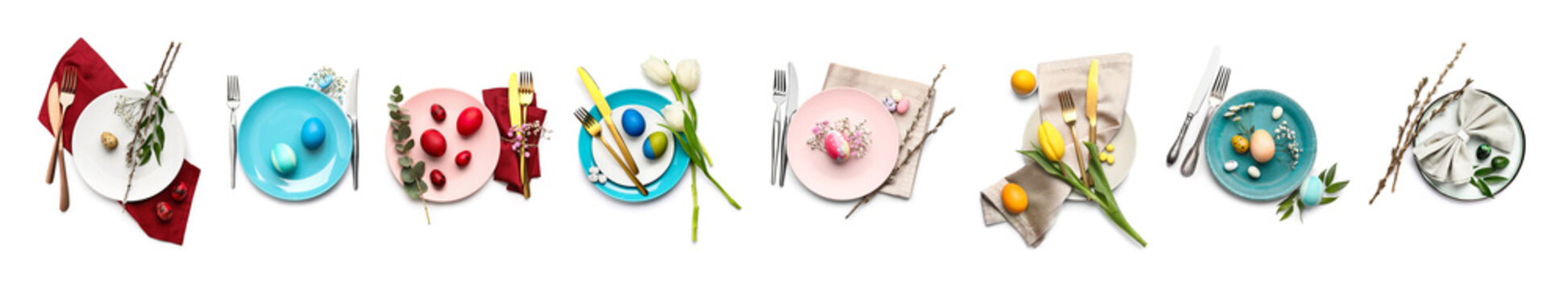 Collection of stylish table settings for Easter celebration on white background