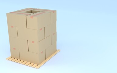 パレットに積まれた段ボール　物流倉庫のイメージ、コピースペース付き　3DCG