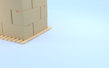 段ボールが積まれたパレットと床　物流倉庫のイメージ、コピースペース付き　3DCG