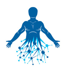 Athletic man vector illustration made using futuristic molecular connections. Human as the object of biochemistry research, genetic engineering.