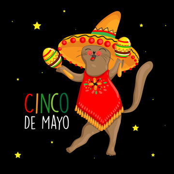 Cinco De Mayo Logo Design With Lettering, And Mexican Cat Character Wearing Sombrero. Vector Illustration EPS10