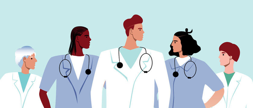 Work in team of doctors isolated, flat vector stock illustration with Multicultural people in white coats with statoscope isolated