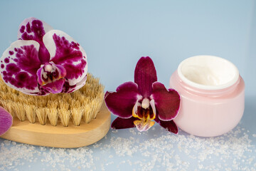 Take care of yourself with a variety of organic body and face care products. Orchid flowers, natural homemade eco-friendly cosmetics.