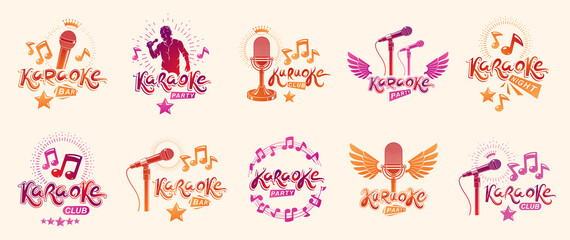 Karaoke party or club logos and emblems vector set isolated, singing music nightlife entertainment weekend theme, microphones and musical notes compositions.