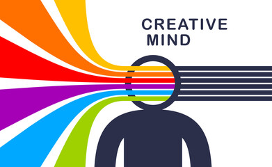 Creative mind brain vector concept in flat trendy design style, colorful rainbow stripes goes out of man head symbolizes creative ideas and thinking, artist designer or writer author.