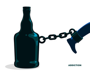 Bottle as a weight on shackles chain to leg alcoholism metaphor vector trendy design of social advertising poster or banner, addiction to alcohol bad habits and problems.