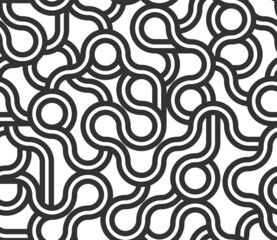 Obraz premium Linear seamless background with twisted lines, vector abstract geometric pattern, stripy weaving, optical maze, web network. Black and white design.