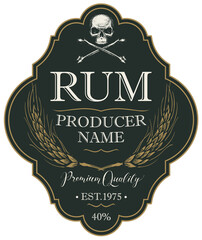 Black vector label for rum in retro style with a human skull, crossbones and spikelets in a curly frame. Pirate collection of premium spirits aged in an oak barrel