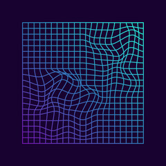 Distorted Grid Square Neon Pattern. Abstract Background of Retro 80s, 90s Style. Glitch Effect. Warp Futuristic Geometric Square Glitch. Wave Ripple Perspective Square. Isolated Vector Illustration