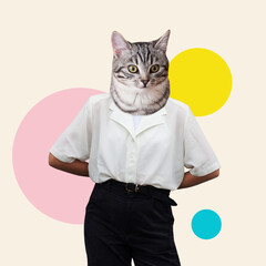 Contemporary art collage or portrait of cat headed young woman or man in white shirt. Abstract...