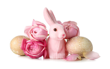 Beautiful Easter bunny, flowers and painted eggs on white background