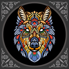 Colorful wolf head zentangle arts, isolated on black background