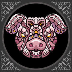Colorful pig head zentangle arts, isolated on black background
