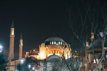 Ayasofya or Hagia Sophia. Istanbul in winter and night view. Mosque background