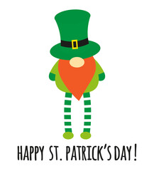 Vector flat cartoon dwarf leprechaun and happy st Patrick day lettering isolated on white background