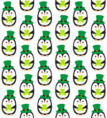 Obraz premium Vector seamless pattern of flat penguin with leprechaun hat and trefoil isolated on white background