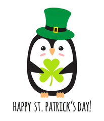 Vector flat penguin with leprechaun hat trefoil and happy st Patrick day isolated on white background