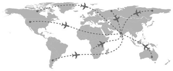 Map of the world with the aero path. Travel with airplanes. This vector art can use for the travel, international, path, map, Asia, India, trip themes and concepts. 