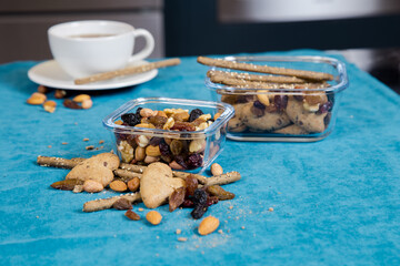 healthy organic nuts stand in storage container on the table