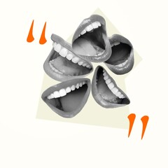 Creative design. Many female mouths talkig, shouting symbolzing communication