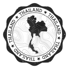 Thailand outdoor stamp. Round sticker with map of country with topographic isolines. Vector illustration. Can be used as insignia, logotype, label, sticker or badge of the Thailand.