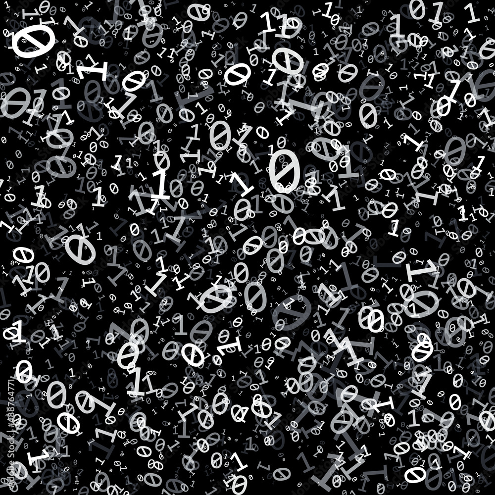 Poster white digits one and zero in chaos over black background.