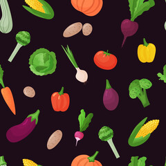 Food vector seamless pattern. Flat illustration of vegetables isolated on black background. Backdrop for wallpaper, print, textile, fabric, wrapping. 