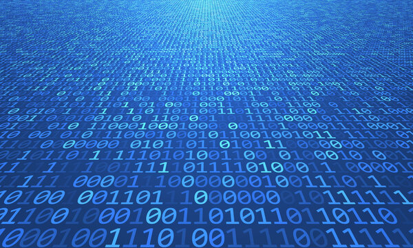 Binary digits One and Zero in perspective view over blue background.