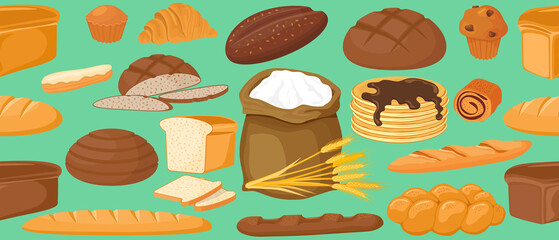 Seamless pattern and bakery products.Confectionery products.Croissants and a French baguette, a loaf of bread and a pancake.Sandwich bread and rye loaves.A set of vector illustrations made of flour.
