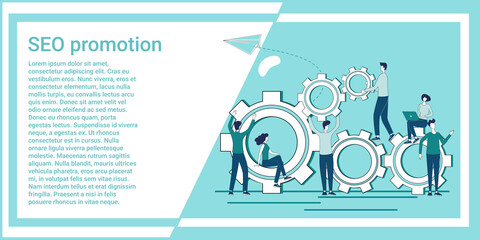 SEO promotion.Teamwork and business promotion.An illustration in the style of a green landing page.