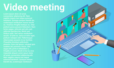 Video meeting.Conducting business seminars .Conducting courses using a video conference.Poster in business style.Flat vector illustration.