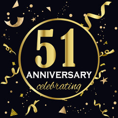 Fototapeta premium Anniversary celebration decoration. Golden number 51 with confetti, glitters and streamer ribbons on black background. 