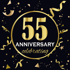 Fototapeta premium Anniversary celebration decoration. Golden number 55 with confetti, glitters and streamer ribbons on black background. 