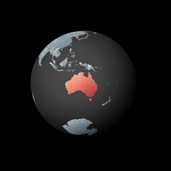 Low poly globe centered to Australia. Red polygonal country on the globe. Satellite view of Australia. Captivating vector illustration.