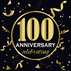 Anniversary celebration decoration. Golden number 100 with confetti, glitters and streamer ribbons on black background. 