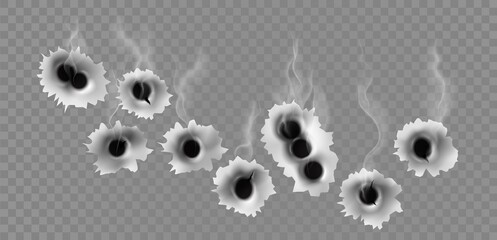 Metal holes from gun bullet shots with smoke effect. Realistic gunshot cracks in steel target. Criminal or war fire weapon vector concept - obrazy, fototapety, plakaty