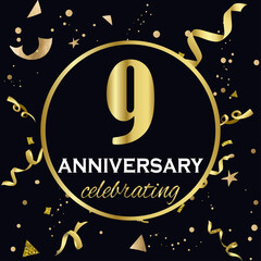 Anniversary celebration decoration. Golden number 9 with confetti, glitters and streamer ribbons on black background. 