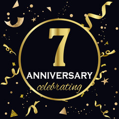 Fototapeta premium Anniversary celebration decoration. Golden number 7 with confetti, glitters and streamer ribbons on black background. 