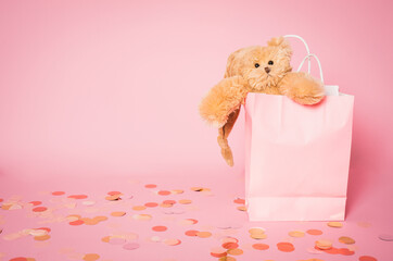 Teddy bear in pink paper bag isolated over pink background.