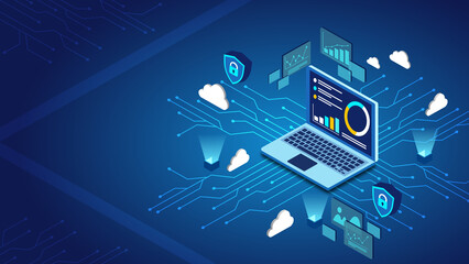 Isometric laptop technology and data sever on blue background.