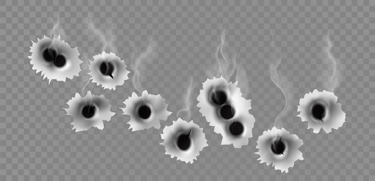 Metal Holes From Gun Bullet Shots With Smoke Effect. Realistic Gunshot Cracks In Steel Target. Criminal Or War Fire Weapon Vector Concept