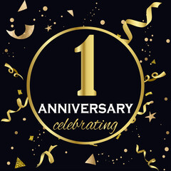 Naklejka premium Anniversary celebration decoration. Golden number 1 with confetti, glitters and streamer ribbons on black background. 