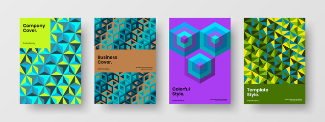 Minimalistic leaflet vector design layout set. Simple geometric hexagons company brochure illustration bundle.