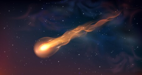 Obraz na płótnie Canvas Realistic comet or falling meteor with trail in night sky with stars. Burning shooting star with glowing gas tail. Space vector background