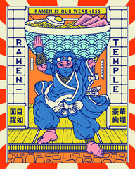 Ramen Temple ninja thief vector illustration with two Japanese proverbs. At the bottom left "with evident joy of having lived up to one's reputation". On the bottom right "luxurious and gorgeous"