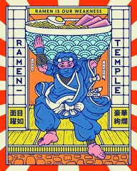 Ramen Temple ninja thief vector illustration with two Japanese proverbs. At the bottom left "with evident joy of having lived up to one's reputation". On the bottom right "luxurious and gorgeous" © PennaPazza