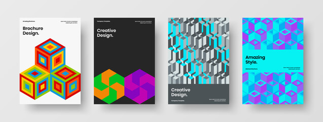 Modern geometric hexagons magazine cover layout bundle. Bright annual report A4 vector design illustration collection.