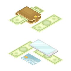 Finance and economy. Money, wallet and credit card. Financial planning, accounting vector illustration