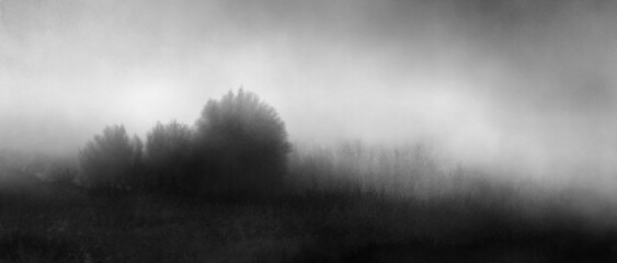 Hand painted foggy landscape. Versatile artistic image for creative design projects: posters, banners, cards, books, magazines, prints and wallpapers. Ink on paper.