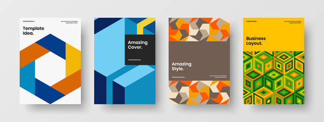 Unique magazine cover design vector layout bundle. Abstract geometric hexagons placard illustration set.